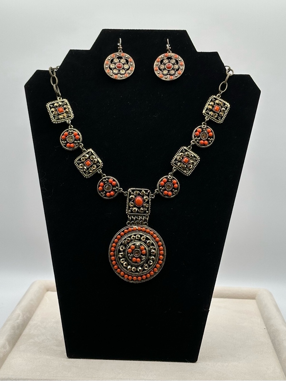 Vintage Boho Coral Statement Necklace and Earring Set